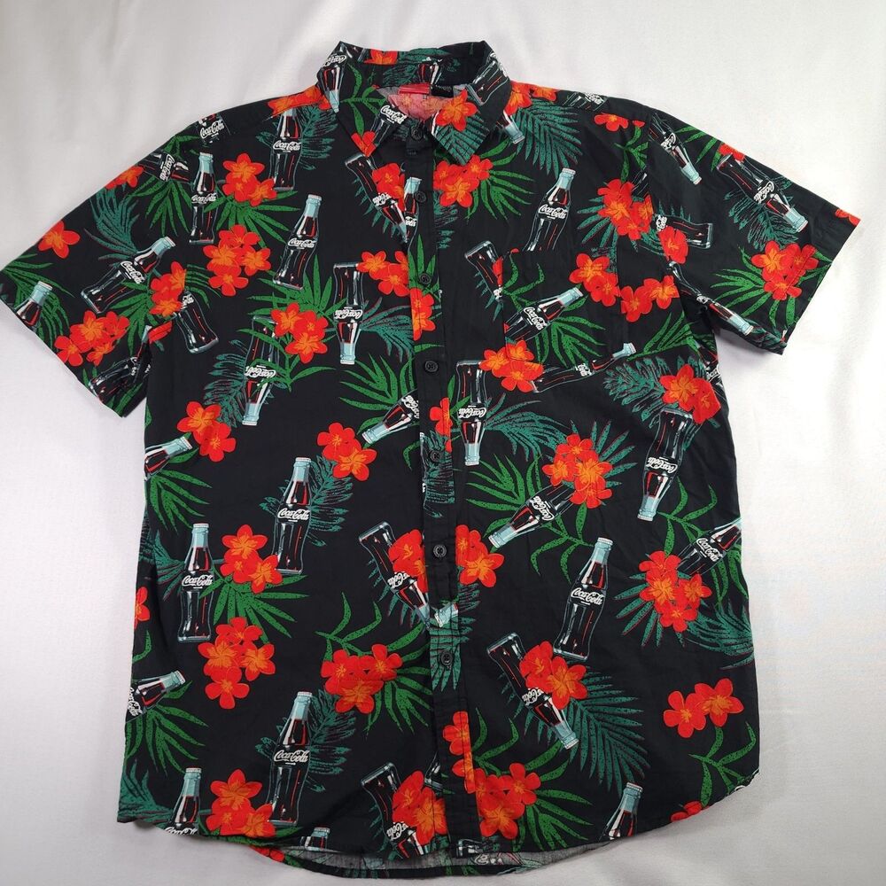 Coca-Cola Hawaiian Shirt Men's Large Black Tropical Bottle Print Button Down